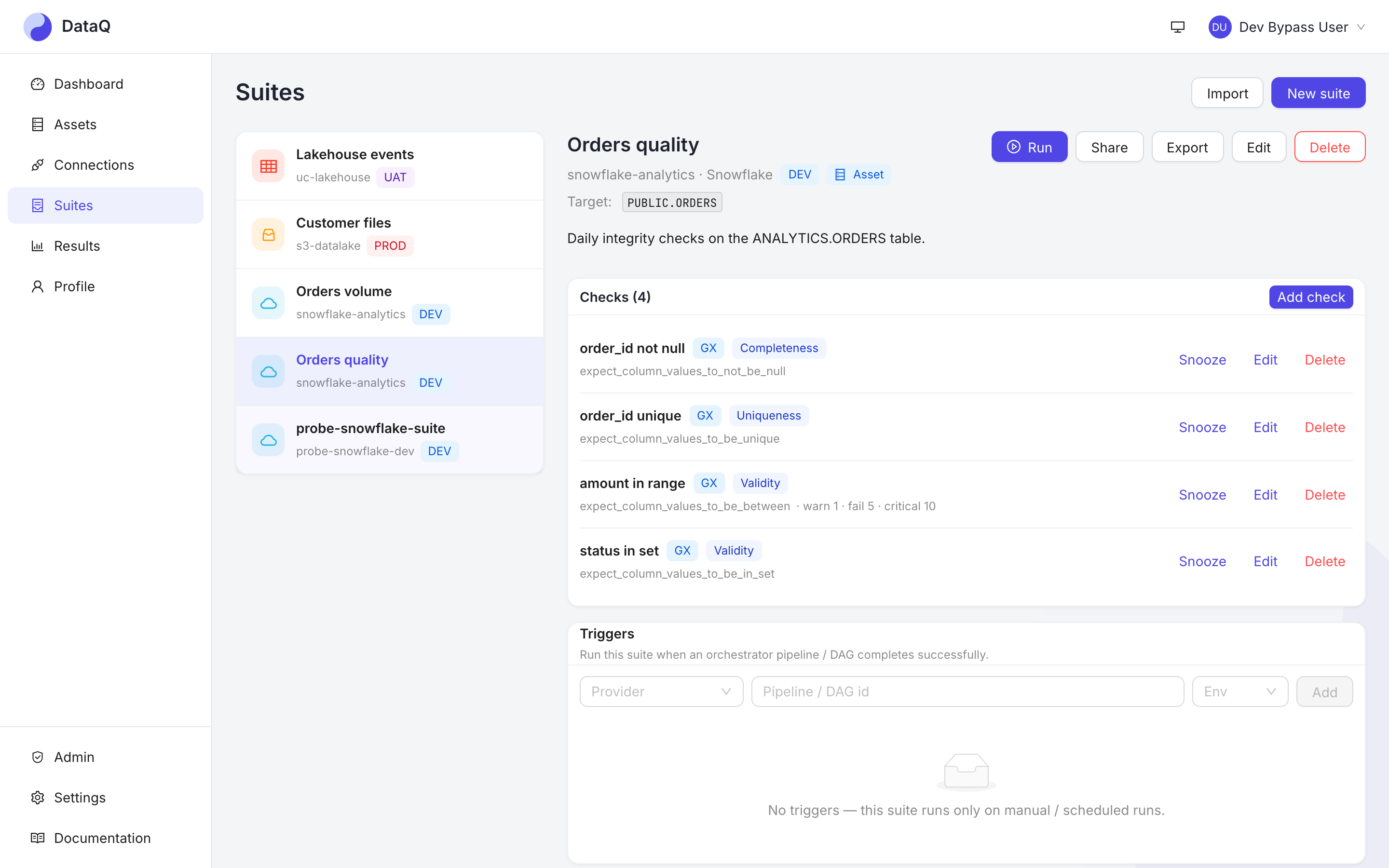 A suite with four checks, their data-quality dimensions, and the pipeline triggers panel