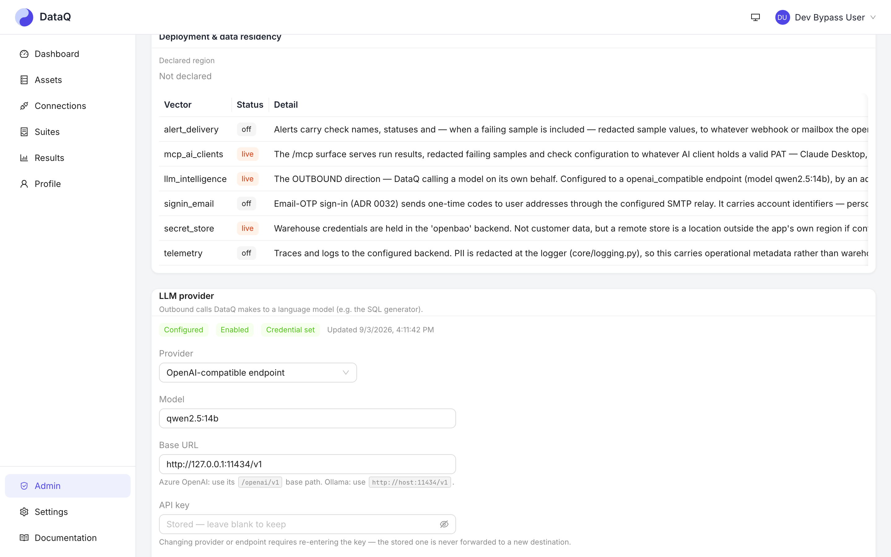 The LLM provider panel on Admin → Settings: provider, model, base URL, API key, structured-output mode and the enable switch