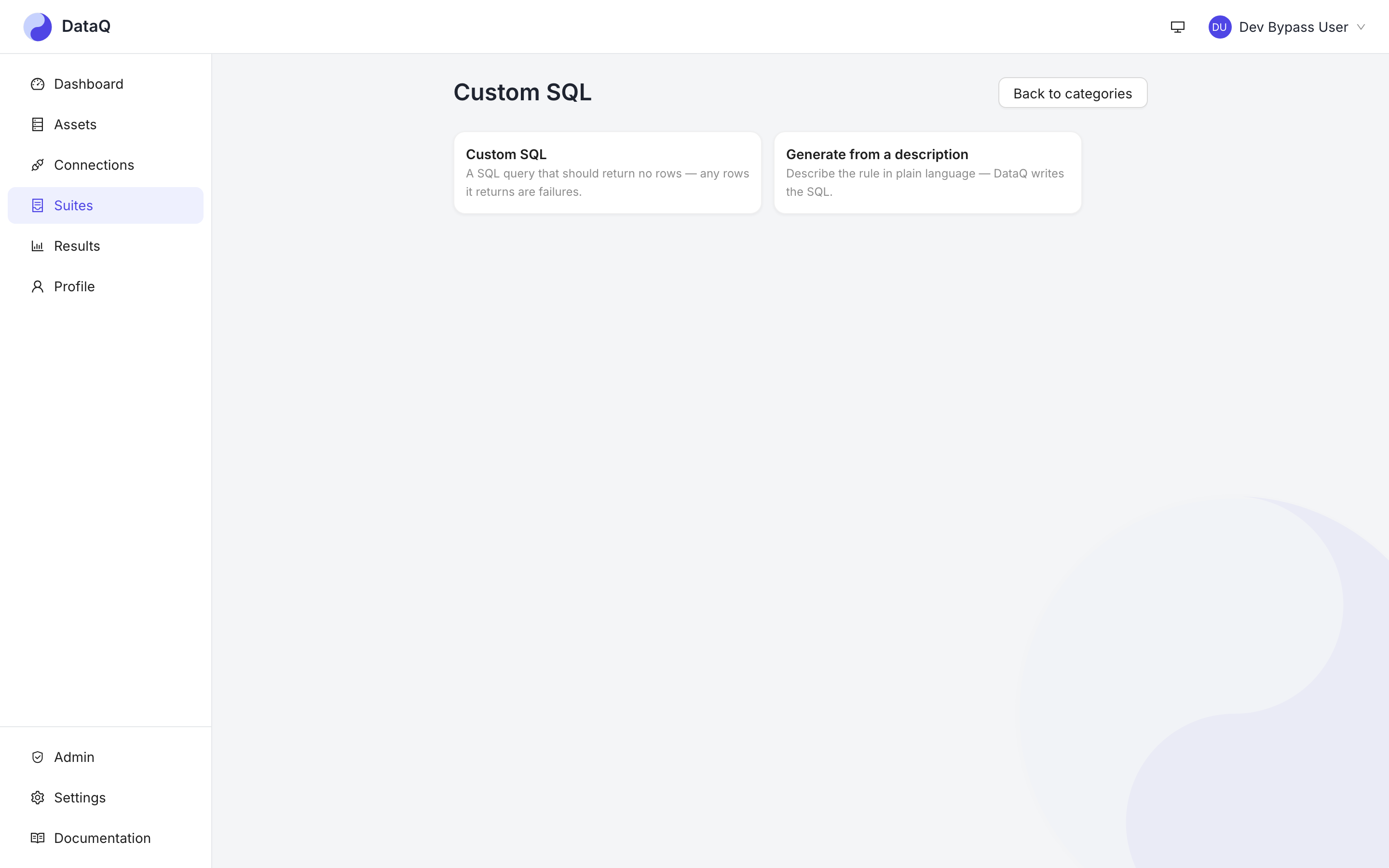 The Custom SQL category with two cards: "Custom SQL" for hand-written queries and "Generate from a description" for the model to translate