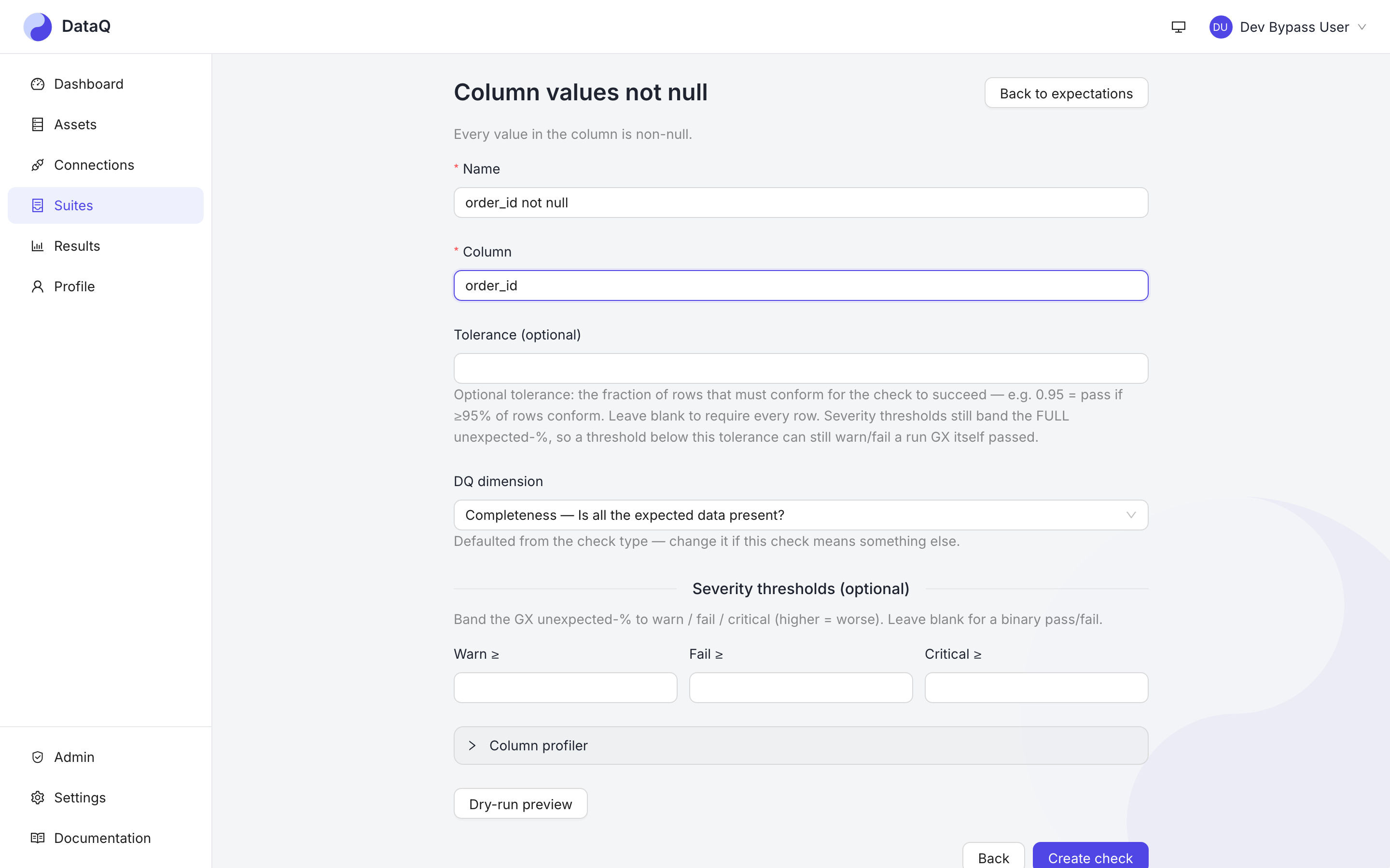 A value check: the expectation, its column, severity thresholds and the dry-run preview button
