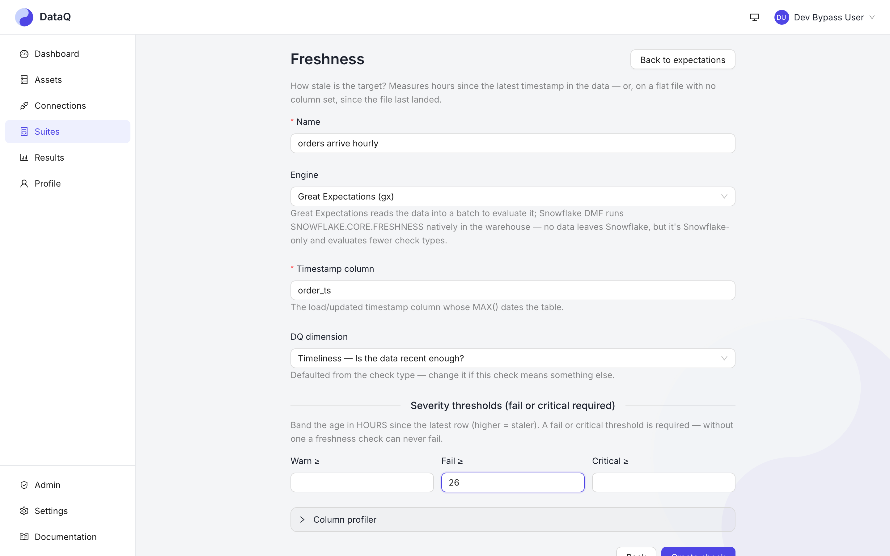 A freshness monitor: timestamp column plus warn / fail / critical age thresholds