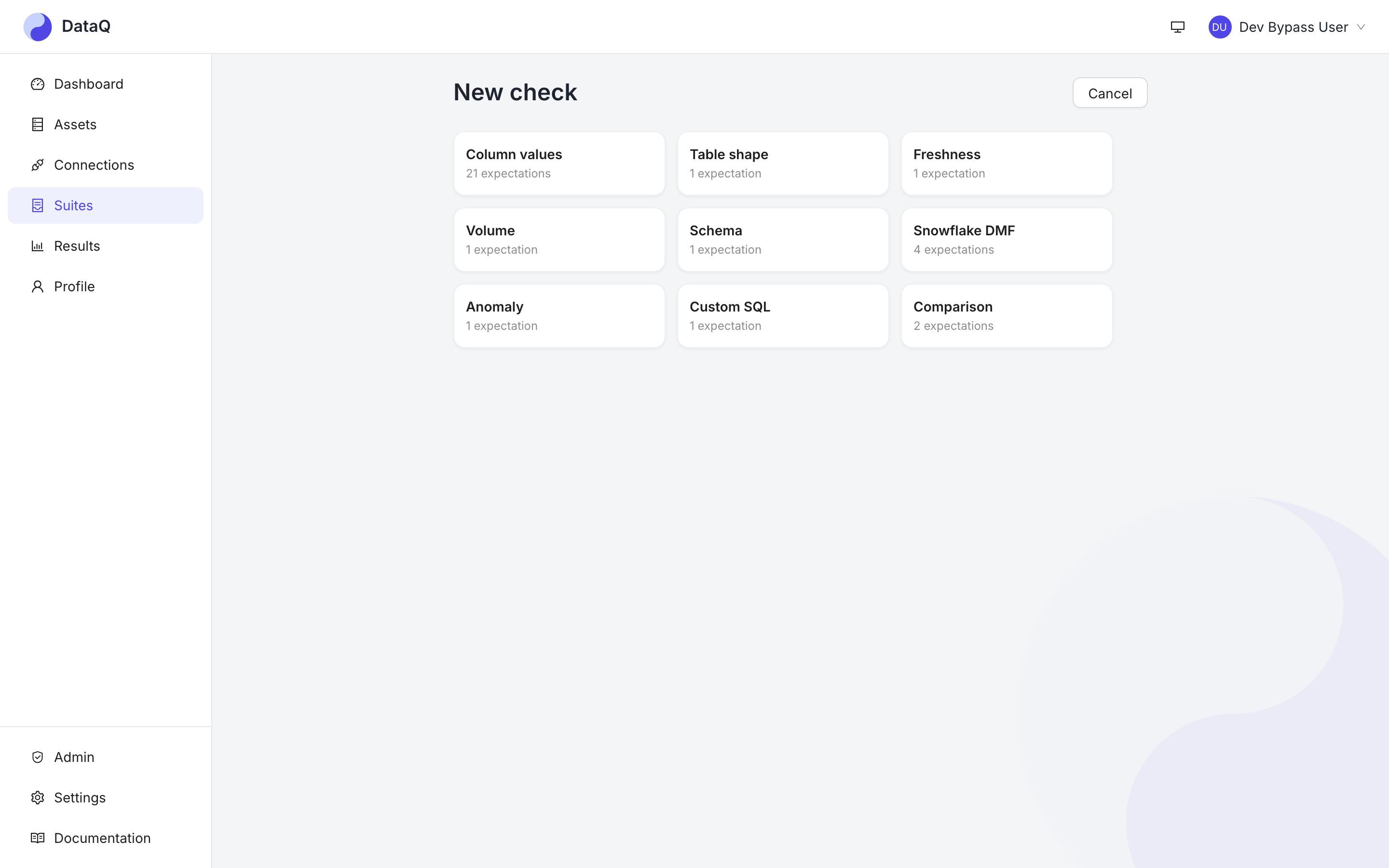 Add check: pick a kind first — column values, freshness, volume, schema drift, anomaly, comparison or custom SQL