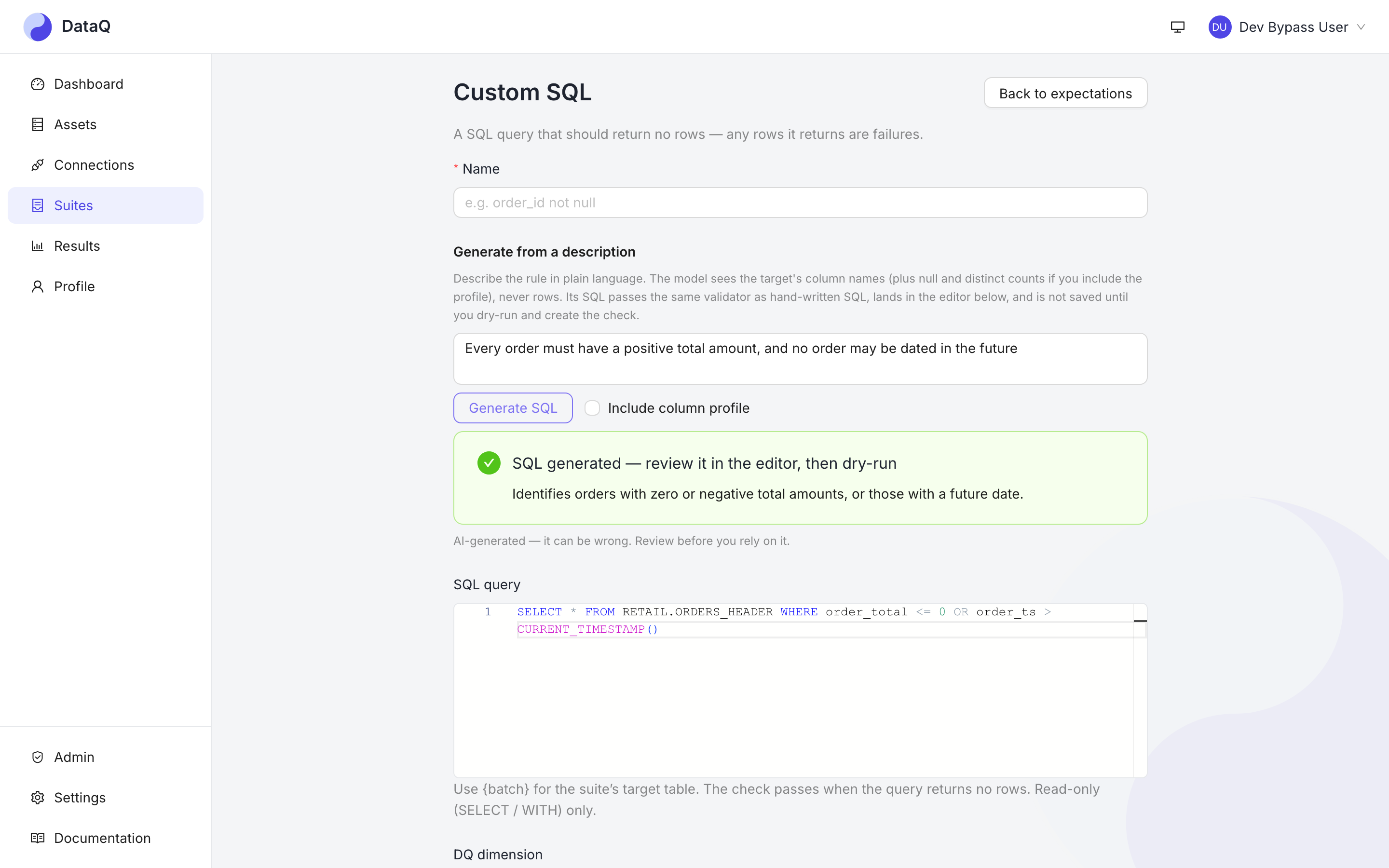 The Custom SQL check editor after Generate SQL: the description, the generated SQL in the editor, and the AI-generated caveat