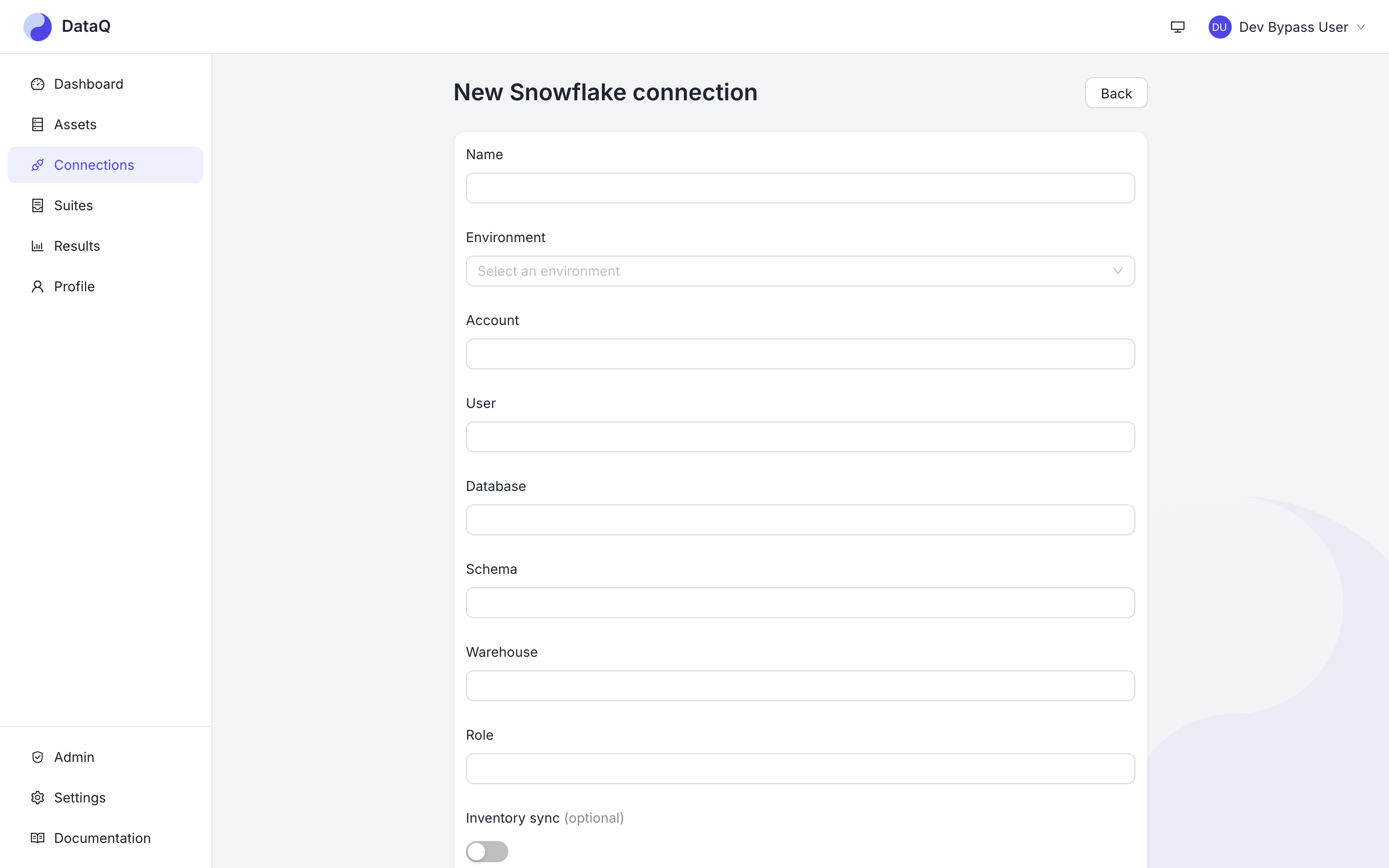 The Snowflake connection form asks only for what Snowflake needs