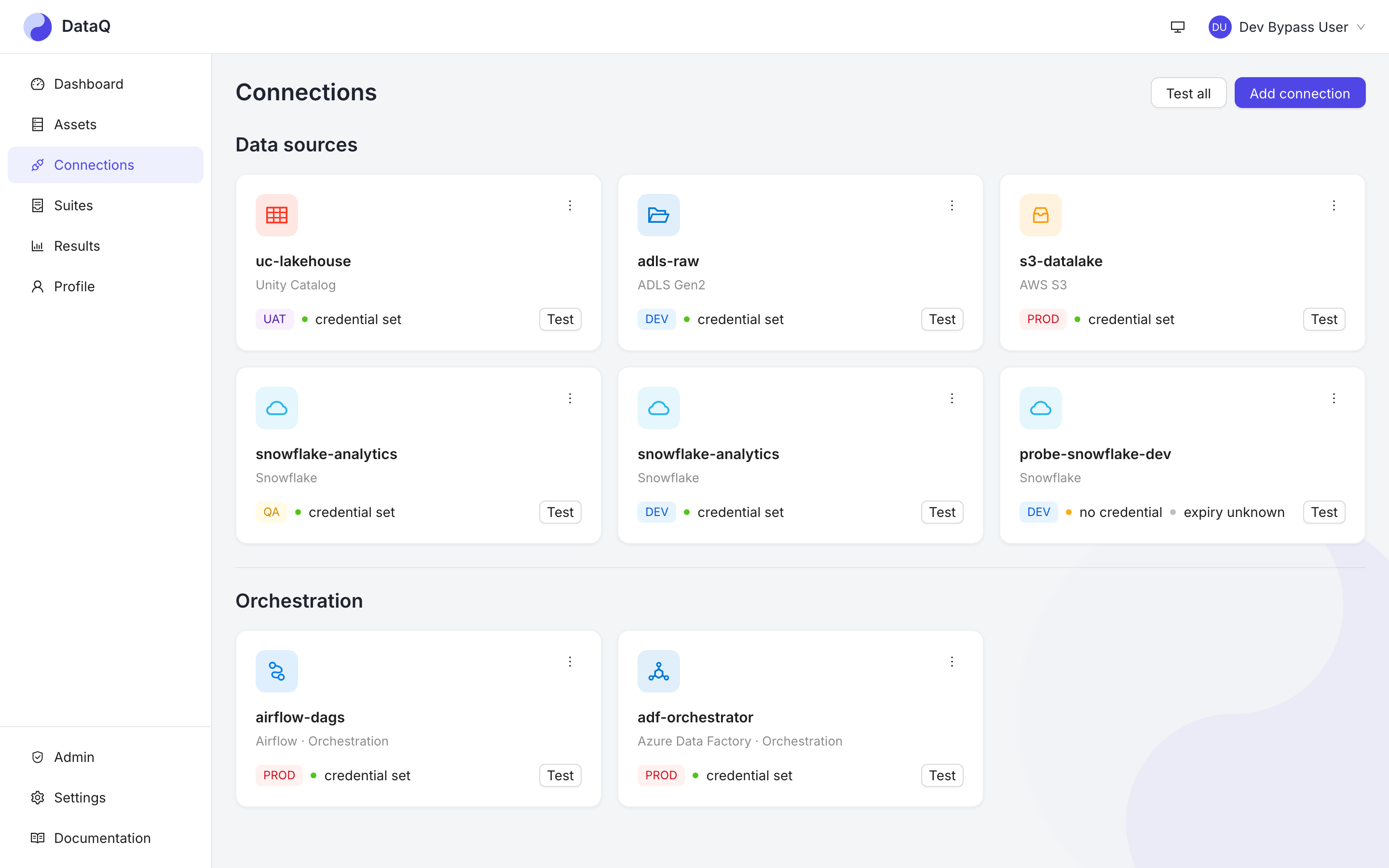 After sign-in: the Connections page, where the first thing you add is a datasource