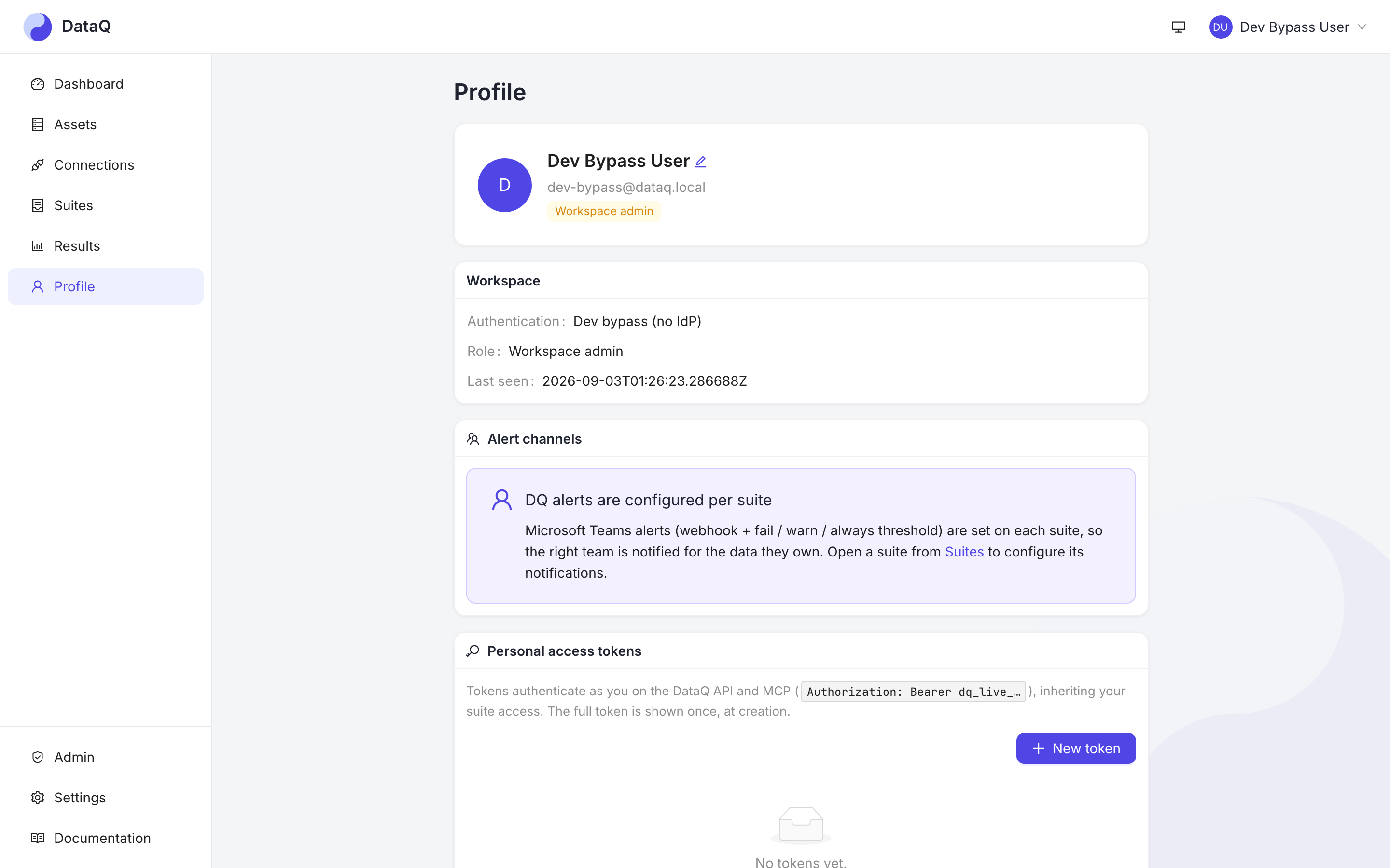 The Profile page, where personal access tokens are minted and revoked