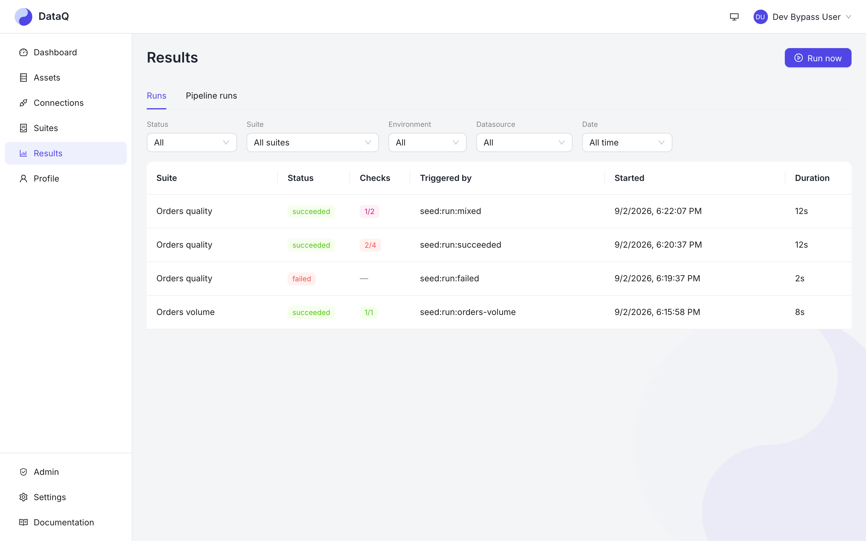 The Results page: every run with its outcome, trigger and duration