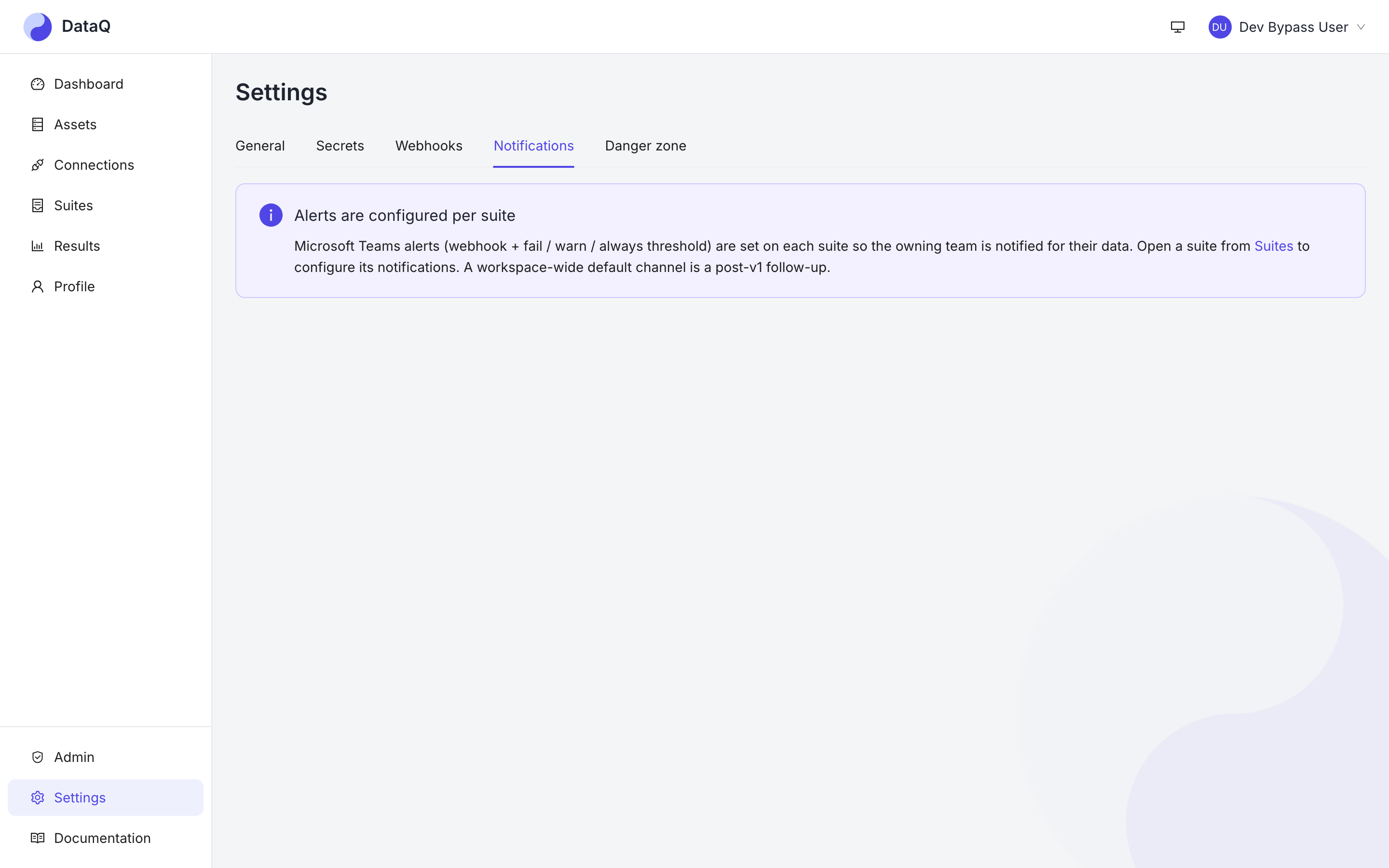 Admin → Settings → Notification channels: destinations are defined once here, then linked from each suite