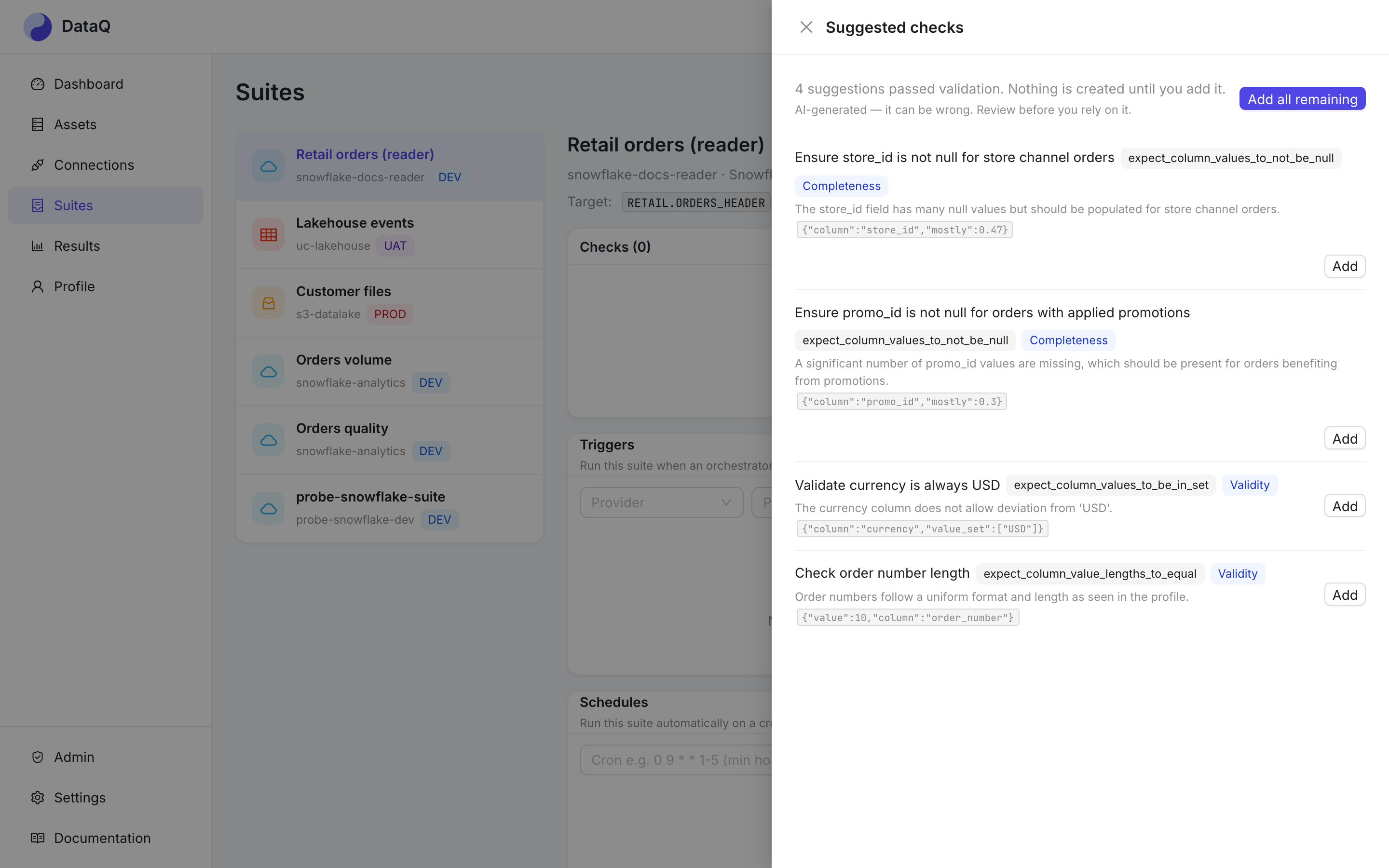 The Suggested checks drawer: validated suggestions with name, expectation type, dimension, rationale and config, an Add button per row and Add all remaining