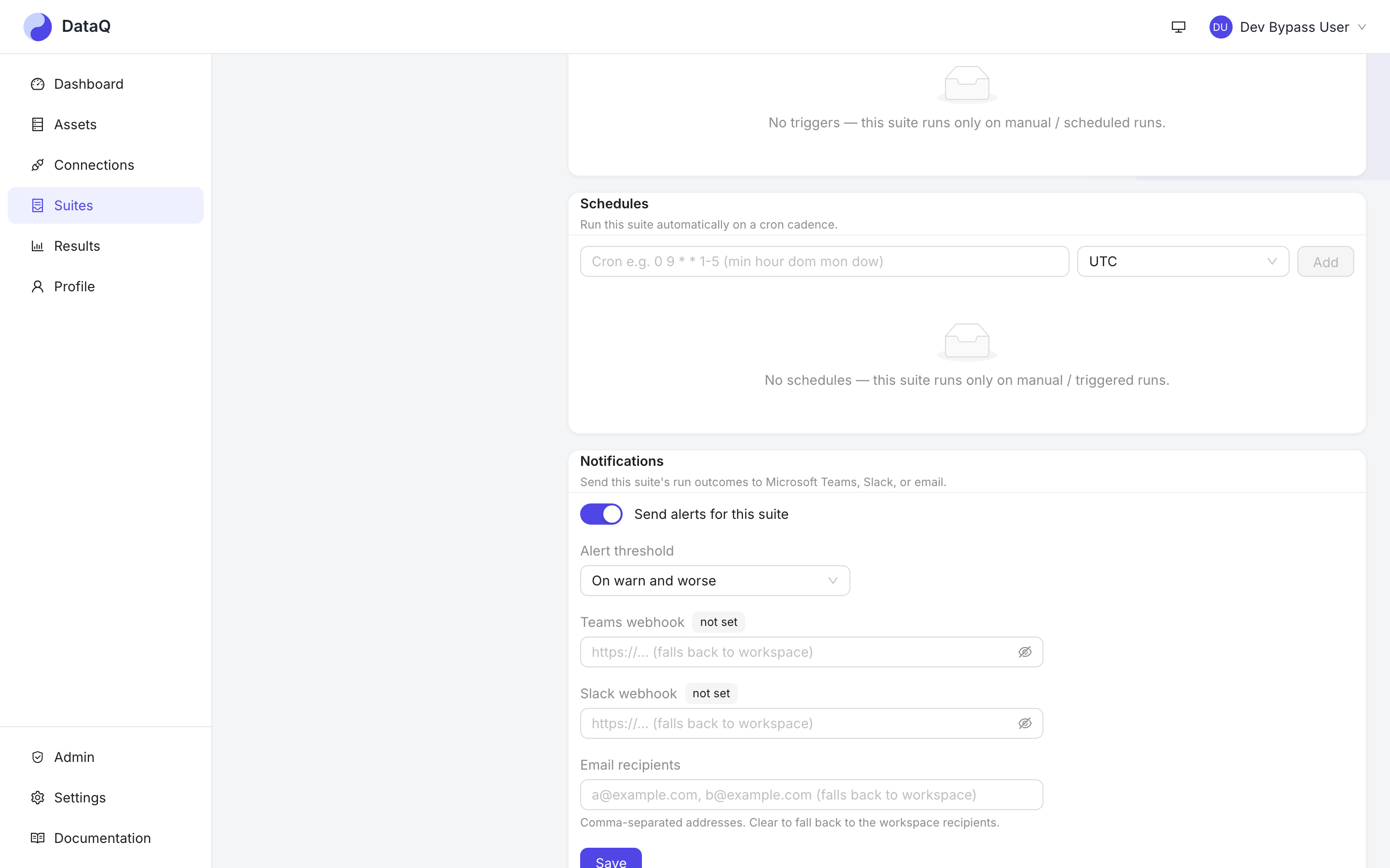 A suite's Notifications panel: the on/off switch, the alert threshold, optional Teams and Slack webhooks, and email recipients