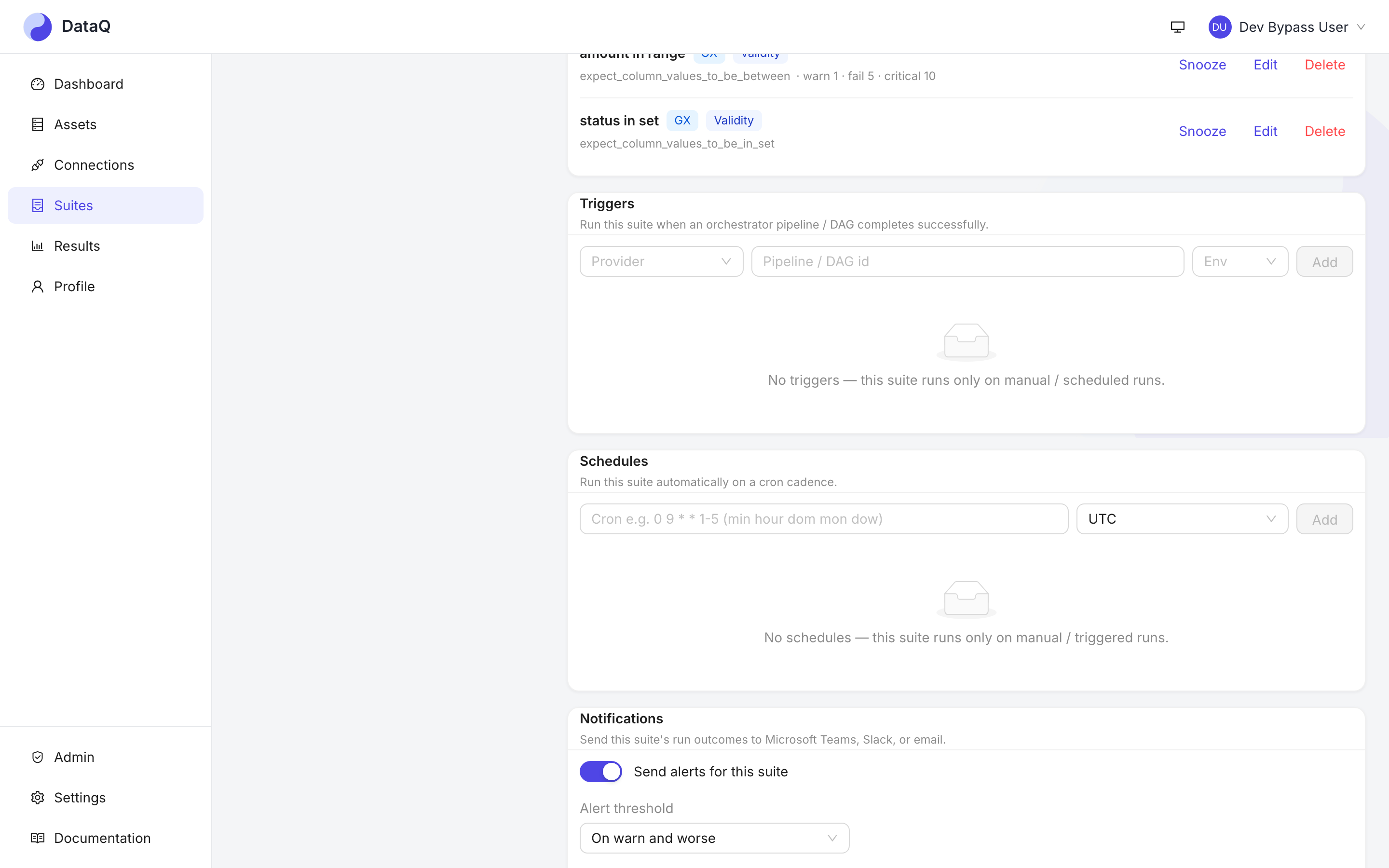 A suite's Triggers and Schedules panels, side by side